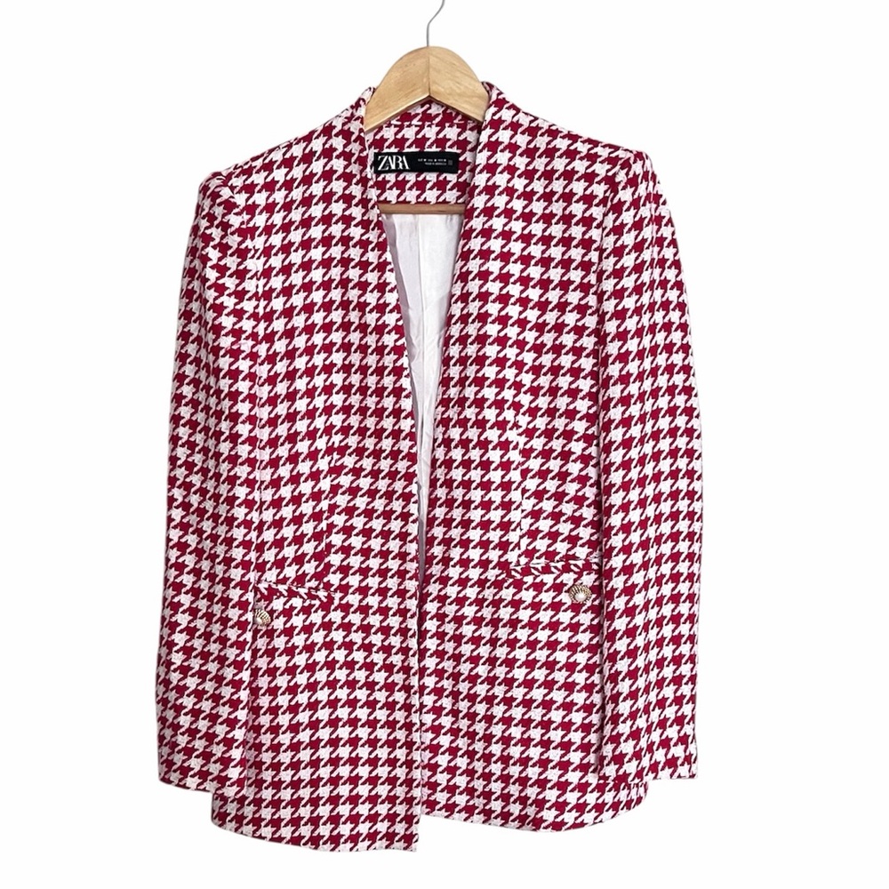 Zara Red White Houndstooth Tweed Textured Blazer Medium